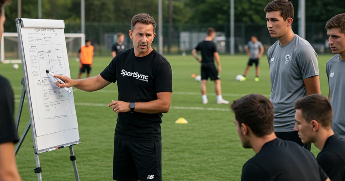 Entrenador explicando en una pizarra a jugadores durante una sesión de formación